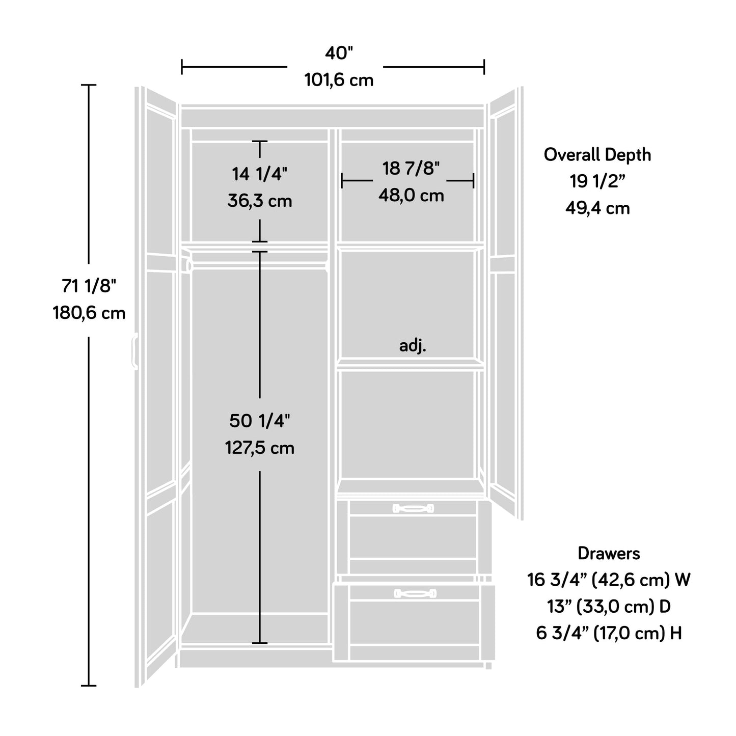 Sauder Select Multipurpose Bedroom Armoire Wardrobe Closet Pantry Storage Cabinet with Storage Drawers and Hanging Rail, in Cinnamon Cherry