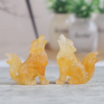LEADGEM 2.0" Citrine Crystal Big Tail Wolf Decor Figurines Wolve Statue Healing Stones Hand Carved Sculpture Ornaments Top Colletctible