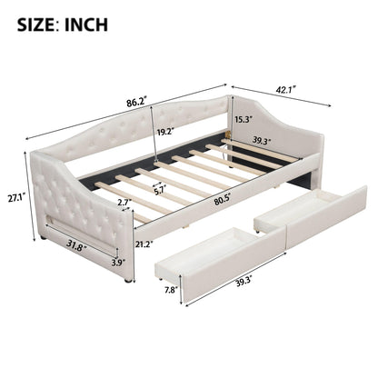 DNYN Twin XL Upholstered Daybed with Storage Drawers for Kids,Adults,Solid Wood Bedframe w/Led & Fabric Backrest Design,No Box Spring Needed & Easy Assembly, Beige