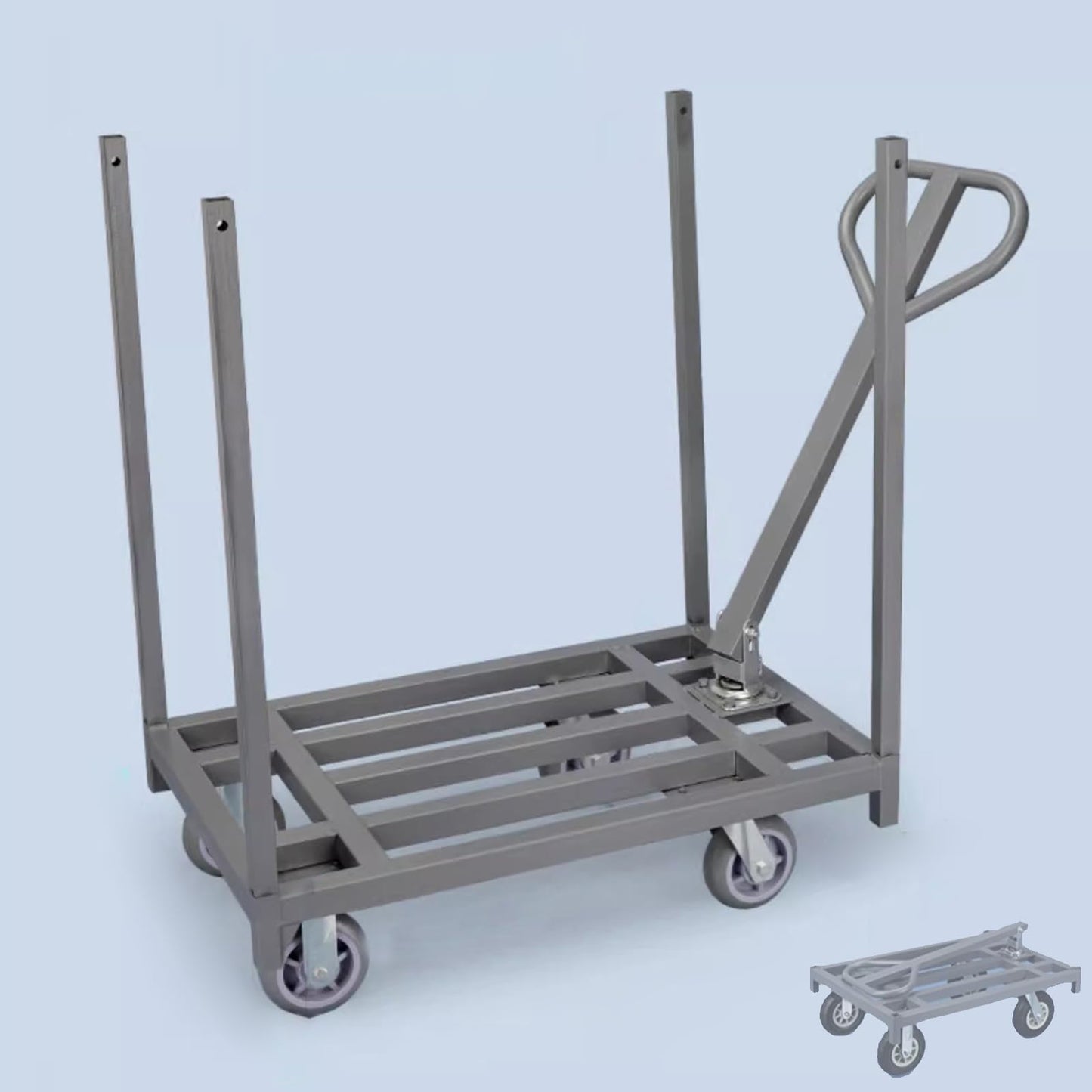 Folding Platform Trolley with Removable Armrest and Fence Pole, Heavy Duty Commercial Pulling Cart for Warehouse Factory Workshop, Easy Installation