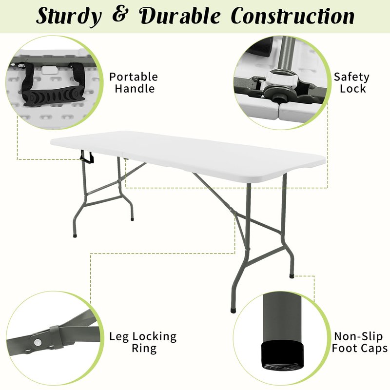 Fivenl 2 Pack 6 FT Folding Tables White Foldable Table, Fold-in-Half with Carrying Handle Portable Plastic Rectangular Table for Party, Dining, Wedding, Camping, Picnic, Indoor Outdoor Events