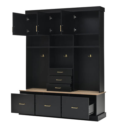 Merax 5-in-1 Hall Tree with Bench and Storage, Modern with Coat Rack, 6 Drawers, 3 Cabinets and 3-Tier Top Storage for Hallway, Entryway, Living Room, Black