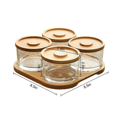 KVMORZE Chip and Dip Serving Set with Bamboo Tray, Snack Candy Fruit Nut Serving Platter, Small Glass Dipping Serving Bowls with Lids for Condiments, Side Dishes, Pre, Dessert, Salsa (4 Slots)