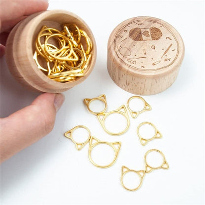 30 Pcs Stitch Markers with Wooden Storage Box, Cat Ears Metal Knitting Crochet Locking Markers Crochet Latching DIY Weaving Knitting Sewing Tools