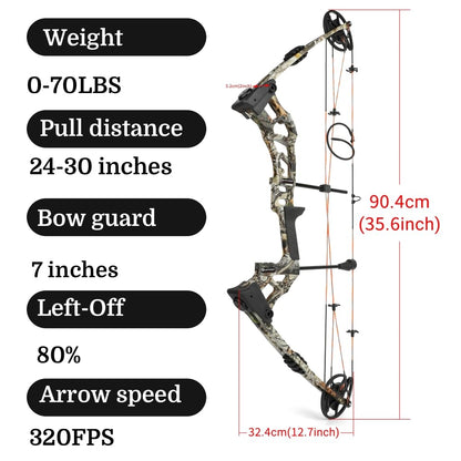 POEARCUS 0-70lb Draw Weight Adjustable Compound Bow Set 320 FPS IBO Archery Kit for Hunting & Target Practice