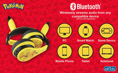eKids Pokemon Kids Bluetooth Headphones, Wireless Headphones with Microphone Includes Aux Cord, Volume Reduced Kids Foldable Headphones for School, Home, or Travel,Yellow