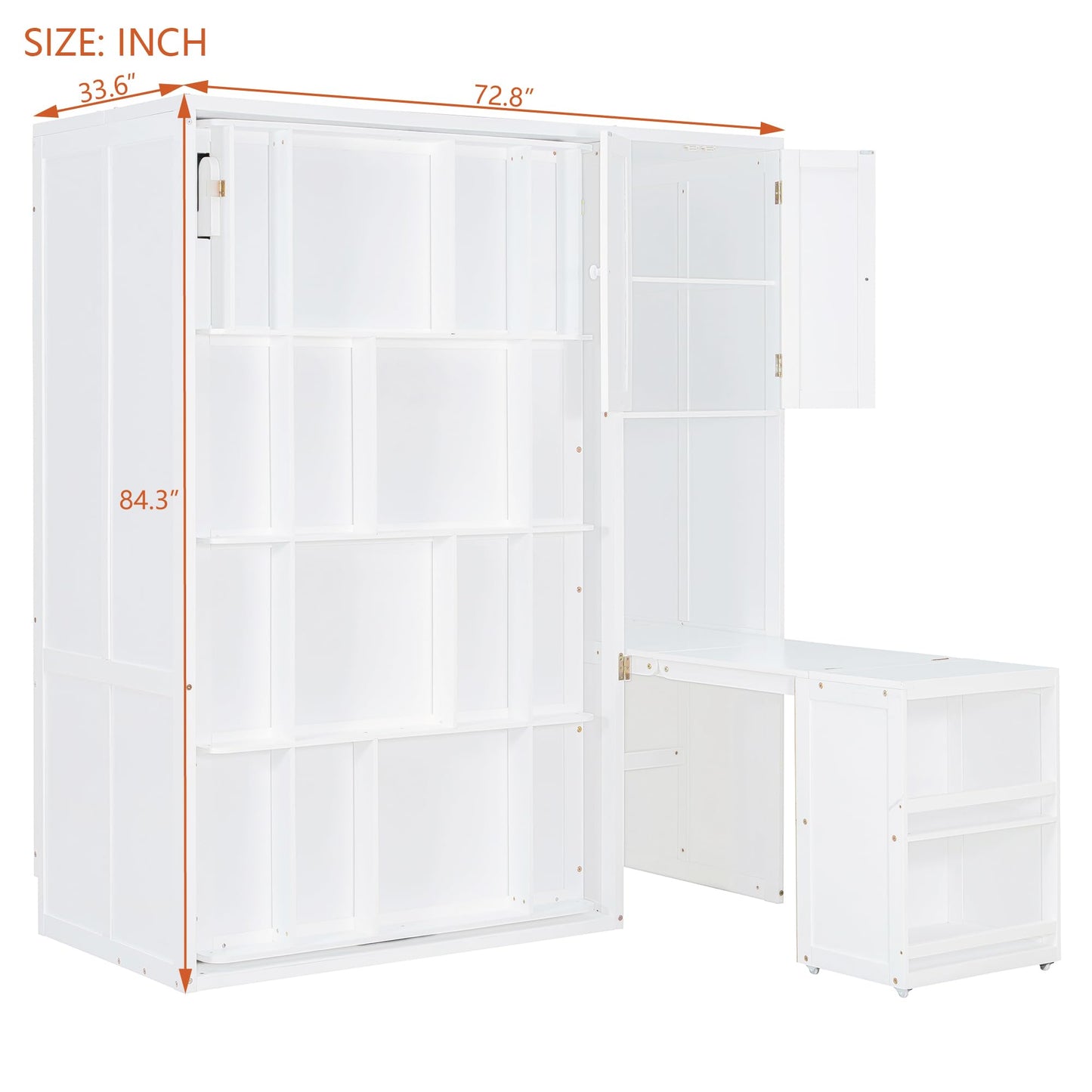 DNYN Rotating Murphy Bed with Top Cabinet and Extendable Desk for Guest/Study Room, Space-Saving Twin Size Wood Foldable Wall Bed Frame with Side Storage Shelf and Bookshelf, No Box Spring Needed