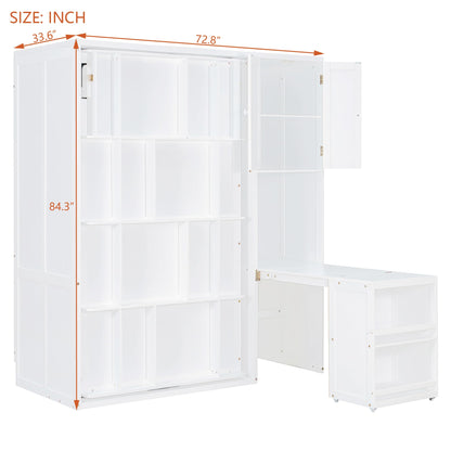 DNYN Rotating Murphy Bed with Top Cabinet and Extendable Desk for Guest/Study Room, Space-Saving Twin Size Wood Foldable Wall Bed Frame with Side Storage Shelf and Bookshelf, No Box Spring Needed