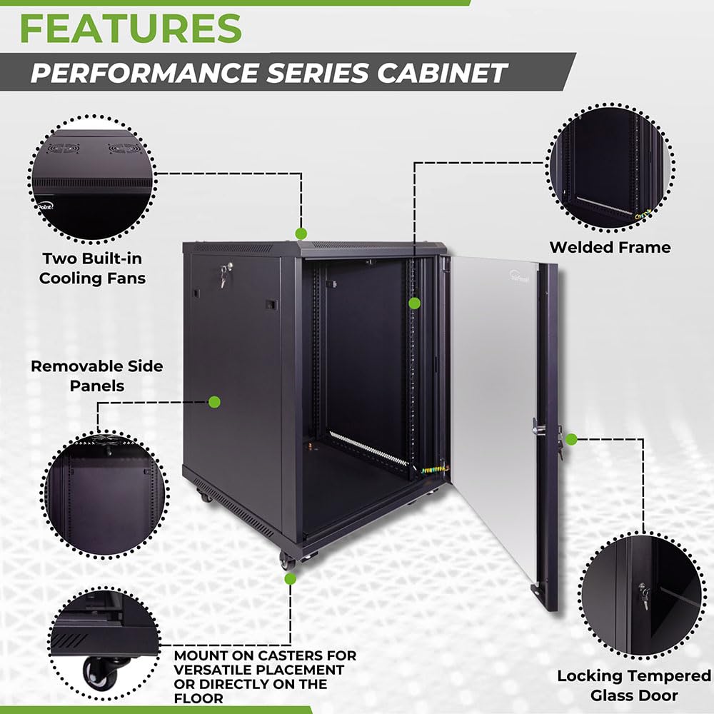 NavePoint 15U Server Cabinet Wall Mount Rack Enclosure with Caster Wheels, 2 Fans, Locking Glass Door, Removable Side Panels – 15U Network Cabinet 23.6” Deep, 19” Server Rack for IT Equipment