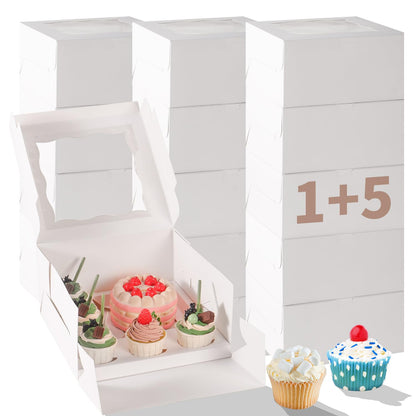 PFAMKEER Bento Cake Box With Cupcakes, Clear Window 6 Holes Bento Combination,6 Sets: Cookie Boxes Fit 5 Regular Cupcake and Mini Cakes, Christmas Wedding Birthday Party (White/clear, 1+5/6pcs)