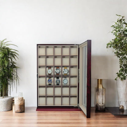 TIMELYBUYS 30 Piece Cherry Wood Watch Display Wall Hanging Case and Storage Organizer Box and Stand Father's Day