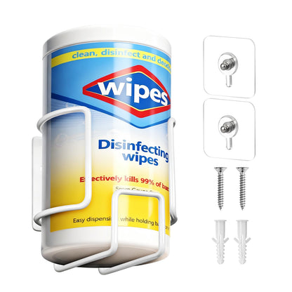 Wall-Mount Wipes Holder, Wipes Dispenser for Surface Cleaning Wipes, 5mm Steel Wire, Easy-Load Design with Strong Adhesive Backing (White, Small)