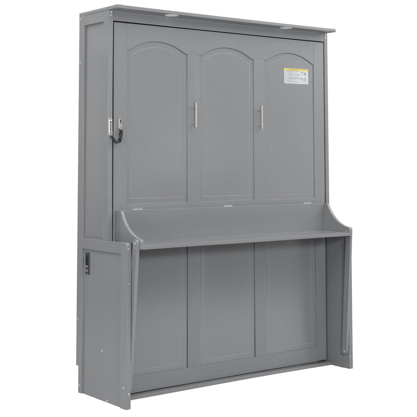 Ball & Cast Queen Size Murphy Bed with Desk,Hideaway Beds w/LED Lights and USB Charging Station,Wood Wall Cabinets Bedframe,Slat Support,Dual Piston Metal Folding Mechanism Designed,Gray