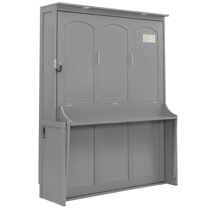 Ball & Cast Queen Size Murphy Bed with Desk,Hideaway Beds w/LED Lights and USB Charging Station,Wood Wall Cabinets Bedframe,Slat Support,Dual Piston Metal Folding Mechanism Designed,Gray