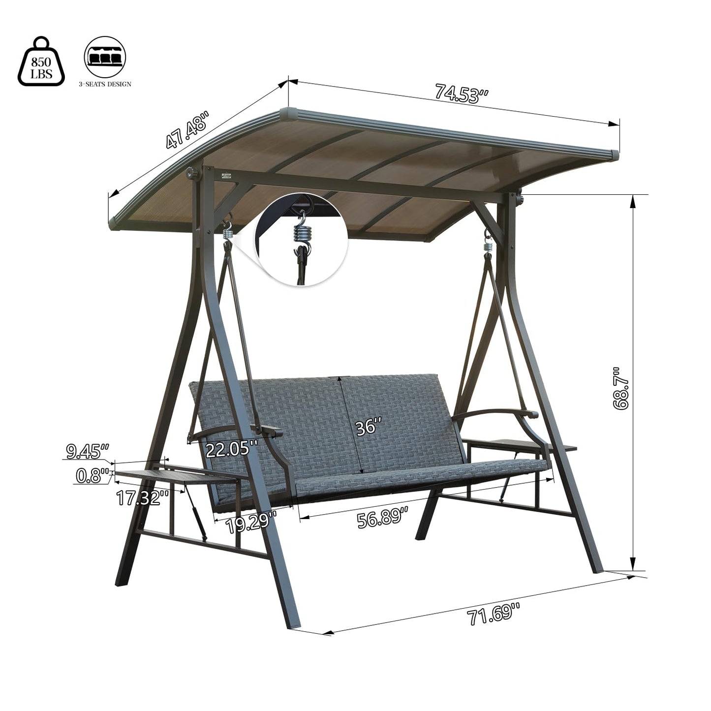 Domi 3-Seat Outdoor Porch Swing w/Adjustable Polycarbonate Hardtop and Side Table, Wicker Patio Swing Chair Bench with Steel Frame and Quick-Drying Foam Seat, Perfect for Backyard Garden and Lawn