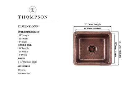 Thompson Traders – Rivera Dual Mount Bar Sink, 17 x 15 in, Hammered Antique Copper