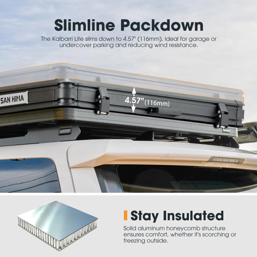 Sanhima Rooftop Tent Hard Shell - Hotham Lite Overland Aluminium Roof Top Tent 4.56" Slimline, w/Tri-Color LED Strip Light & 1.97” Thick Mattress, for Car SUV Truck Camping, 2-3 People (Army Green)