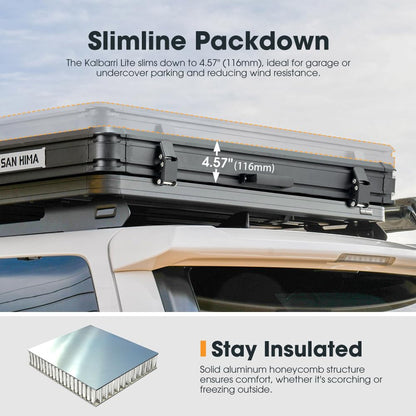 Sanhima Rooftop Tent Hard Shell - Hotham Lite Overland Aluminium Roof Top Tent 4.56" Slimline, w/Tri-Color LED Strip Light & 1.97” Thick Mattress, for Car SUV Truck Camping, 2-3 People (Army Green)
