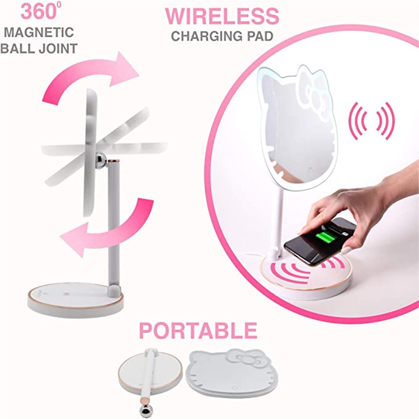 Impressions Vanity Hello Kitty Tabletop Mount LED Rechargeable Makeup Mirror with 360 Degree Rotation, Touch Sensor Desk Mirror with Light Strip and Adjustable Brightness