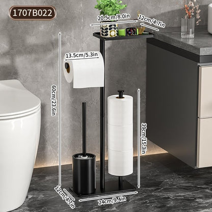 Skiennix Modern Bathroom Toilet Paper Stand - Stylish Black Metal Holder with Storage Shelf for 3 Mega Rolls | 24x12x60 Inches