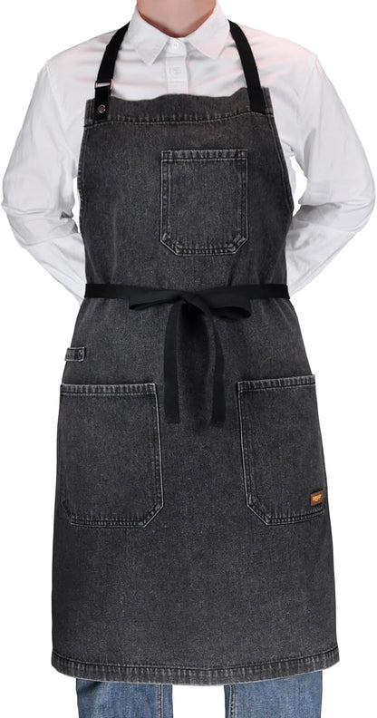 '-2) Denim Apron with Pockets, Professional for Mens Womens Chef Kitchen Cooking Grill BBQ Painting Baking, Black Bib
