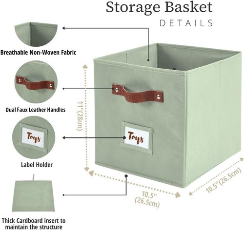 DECOMOMO Storage Bins - Fabric Cube Storage Bins with Labels for Shelves | 10.5" x 11" | 2pcs, Sage Green
