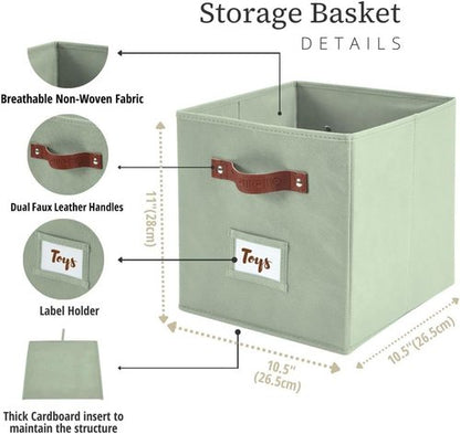 DECOMOMO Storage Bins - Fabric Cube Storage Bins with Labels for Shelves | 10.5" x 11" | 2pcs, Sage Green
