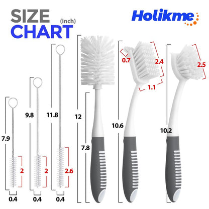 Holikme 6 Pack Dish Brush Set with Bottle Brush, Dish Scrub Brush, Pan Brush and 3 Straw Brushes, Deep Cleaning Handle Brush with Scraper Tip for Kitchen Sink Dishes Bottle Cup Pot and Pans (Gray)