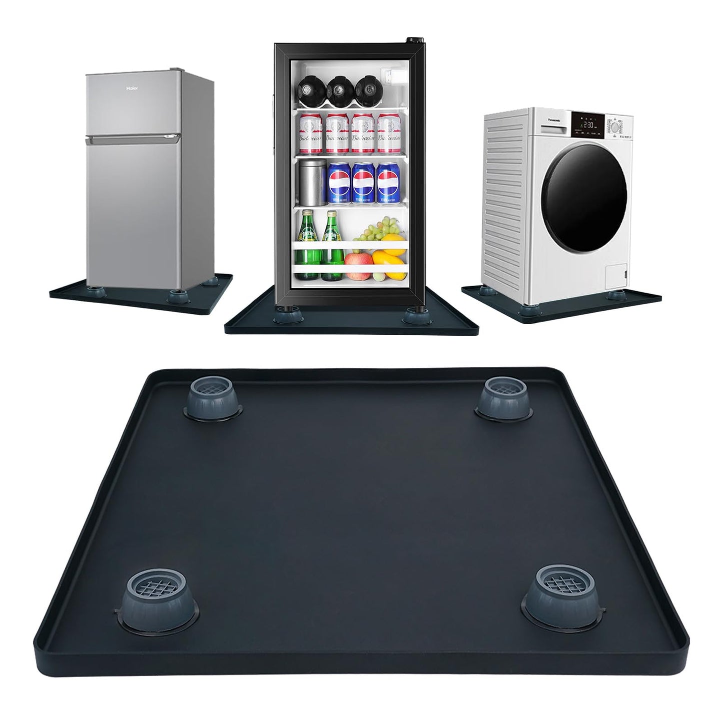 Mini Fridge Silicone Mat with 4 Base Raisers, 23.6"x23.6" Under Refrigerator Drip Pan Floor Protector - 0.8" Raised Edge Prevents Water Leaks & Floor Damage for Fridge, Washer, Dryer, Wine Cooler