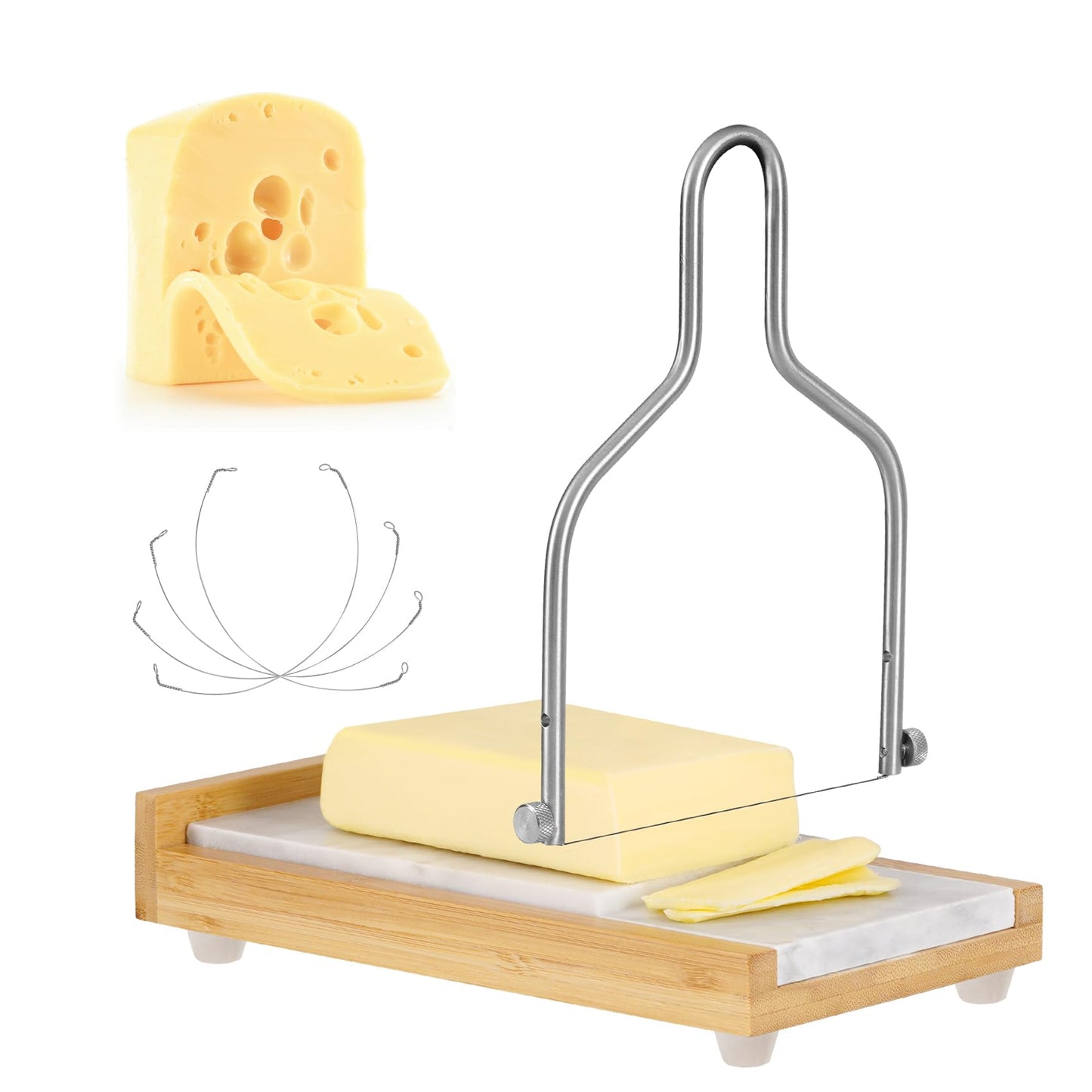 Xinglinsaiter Cheese Slicer Cheese Cutter with 4 Replacement Wires,High & Low Marble Cutting Table Top,with cutting Wire replacement device,for Block Cheeses, Butter, Sausage etc.(White)