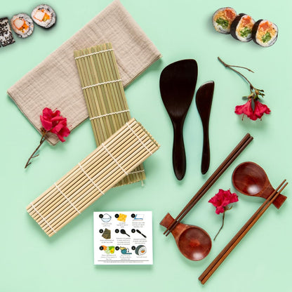 No Plastic Premium Sushi Making Kit for Home, for Beginners or Pro Sushi makers. Made of Premium Wood, includes Tea Cloth, Planet-Friendly, Gift and DIY Home Sushi Kit Experience, Circle Fuji box