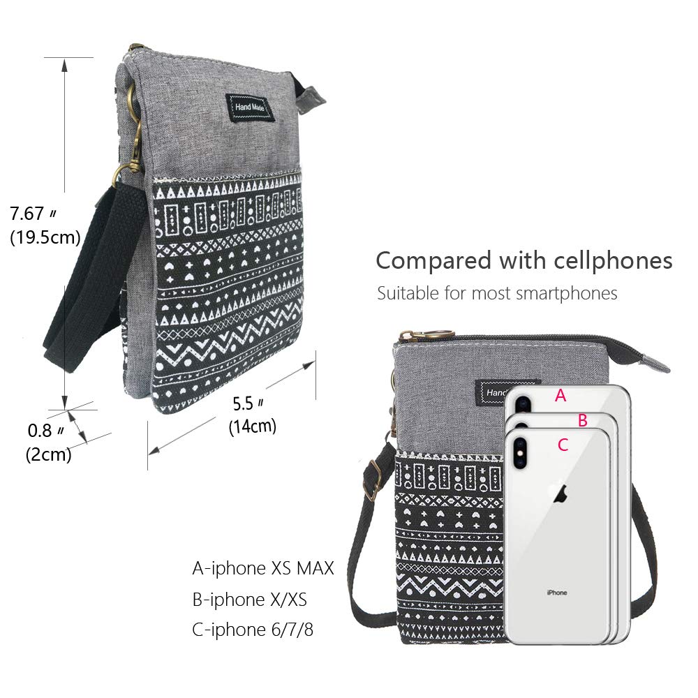 Roomy Cell Phone Purse Wallet Canvas Small Crossbody Purse Bags with Shoulder Strap For Women teen girlsl (B-black and gray)