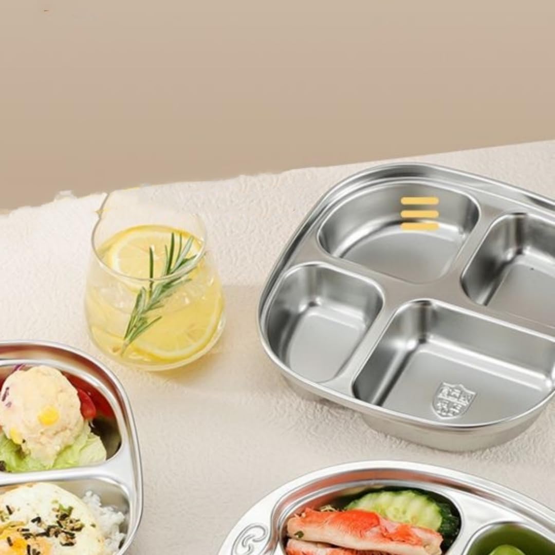 5-Pack Stainless Steel Divided Plates with Lids – Adults Portion Control Meal Trays – BPA-Free, Non-Toxic, Shatterproof – 4 Sections for Balanced Meals, Weight Loss, School, Travel – Dishwasher Safe