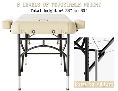 DOVANS Professional Massage Table Portable 2 Fold Premium Memory Foam Aluminium Leg Hold Up to 1100LBS 8 Heights Adjustable with Carrying Bag Cream