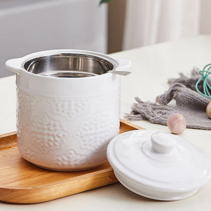 Lyellfe Ceramic Bacon Grease Container, 1.2L/40 Oz Oil Filter Pot with Strainer, White Carved Cooking Oil Container for Fat Frying Used Cooking Oil Kitchen