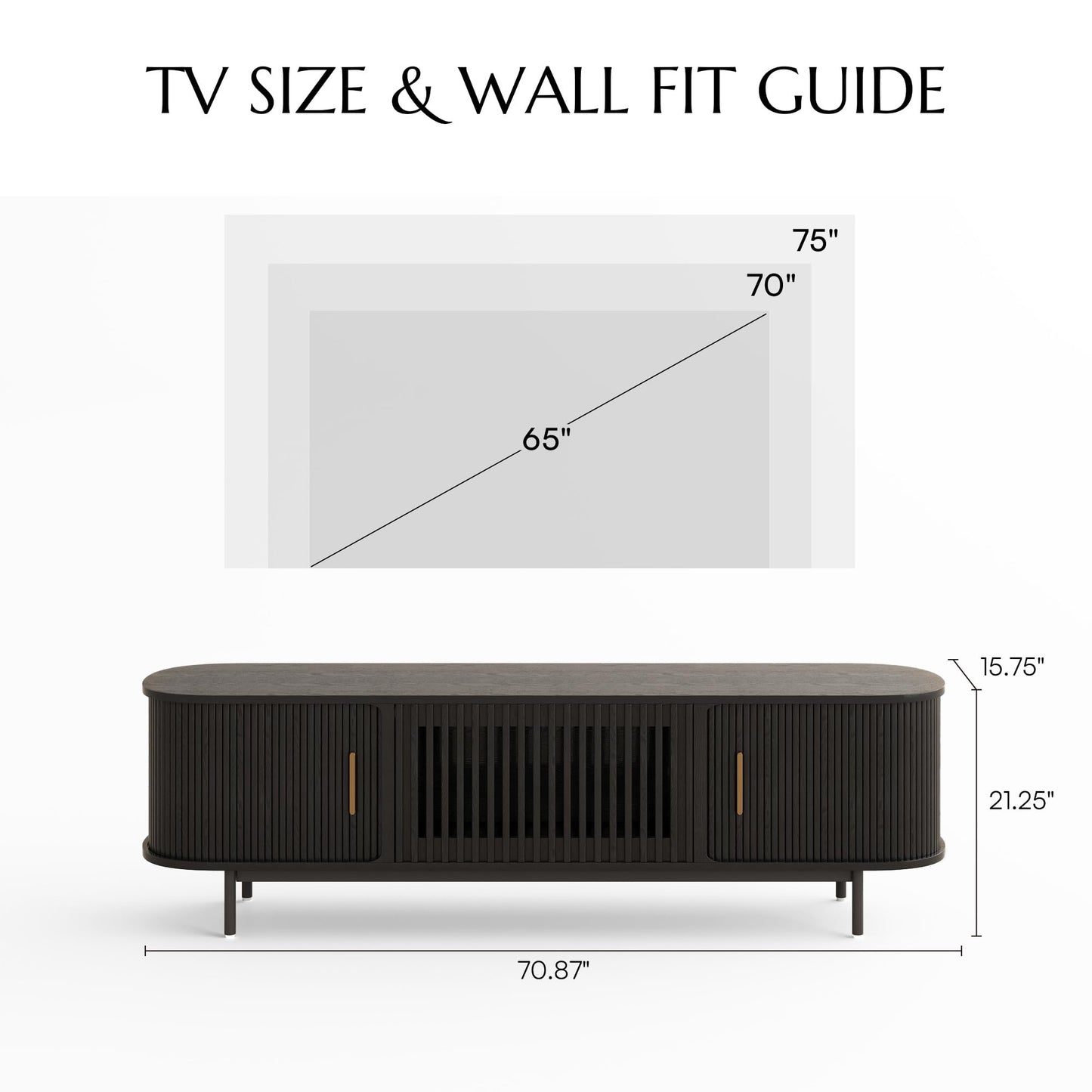 POVISON Fully-Assembled Mid Century Modern TV Stand for 65 inch TV, Sliding Door Entertainment Center with Storage, Wood TV Console, Media Console for Living Room Bedroom(Black, 70.87")