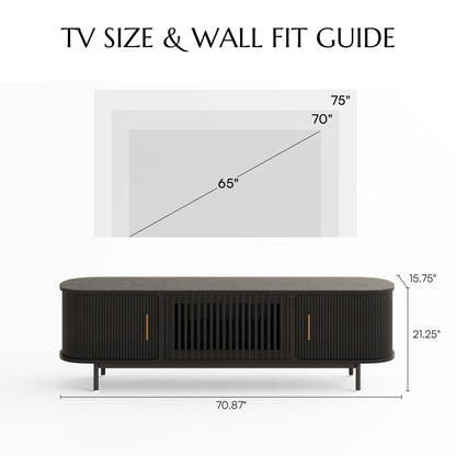 POVISON Fully-Assembled Mid Century Modern TV Stand for 65 inch TV, Sliding Door Entertainment Center with Storage, Wood TV Console, Media Console for Living Room Bedroom(Black, 70.87")
