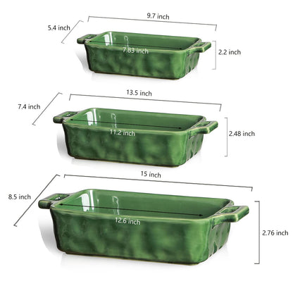 VICRAYS Ceramic Bakeware Set, Porcelain Rectangular Baking Dish, Baking Pan Lasagna Pans Casserole Dish Set for Cooking, Kitchen, Cake Dinner, Banquet and Daily Use, 3 PCS, 15 x 8.5 Inches(Green)