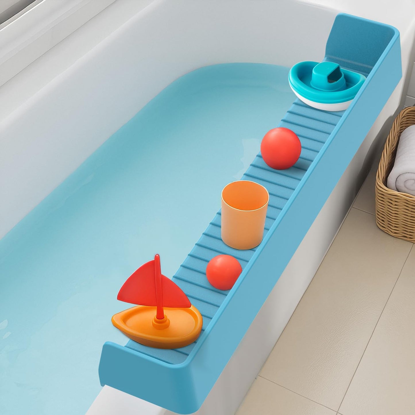 IwelKee Bathtub Splash Guard for Tub Kids, Longer Silicone Water Splash Guard for Bathtub, Toy Holder Play Shelf