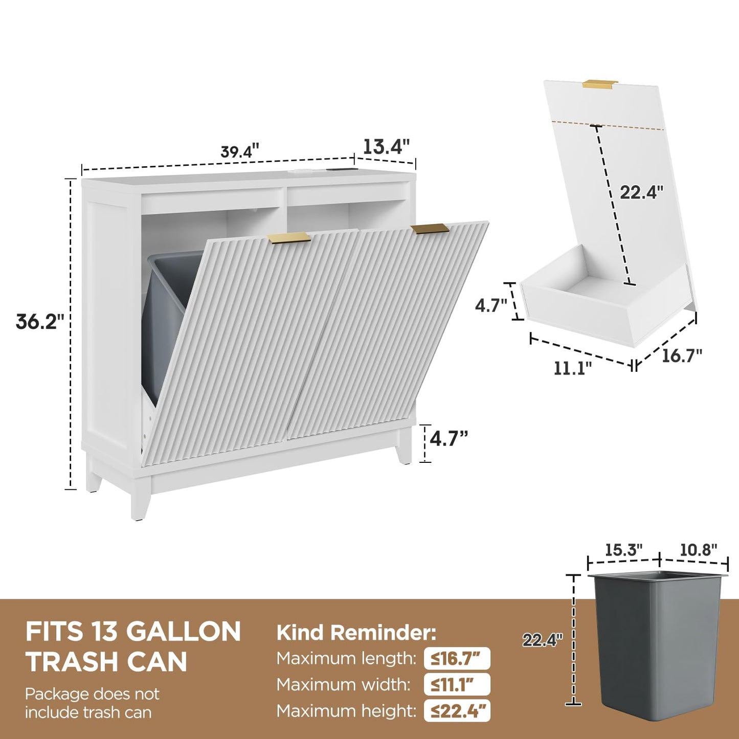 Double Tilt Out Trash Can Cabinet with Odor Control, Outlets, Fluted Trash Cabinet 13 Gallon Hidden Bin Storage, Modern Kitchen Cabinet with Soft-Close Door, Laundry Hamper Cabinet for Bathroom