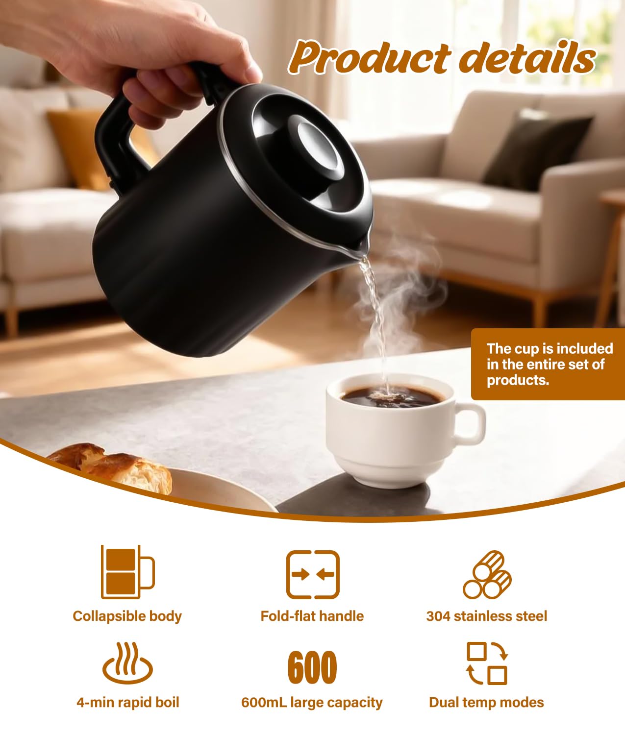 Portable Travel Electric Kettle, 600ML Small Water Kettle with Ceramic Cup, 304 Stainless Steel Water Boiler with Dual Power Control, Compact Design for Camping, RV, Business Trip & Hotel Stays, Black