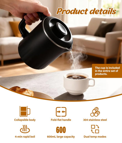 Portable Travel Electric Kettle, 600ML Small Water Kettle with Ceramic Cup, 304 Stainless Steel Water Boiler with Dual Power Control, Compact Design for Camping, RV, Business Trip & Hotel Stays, Black