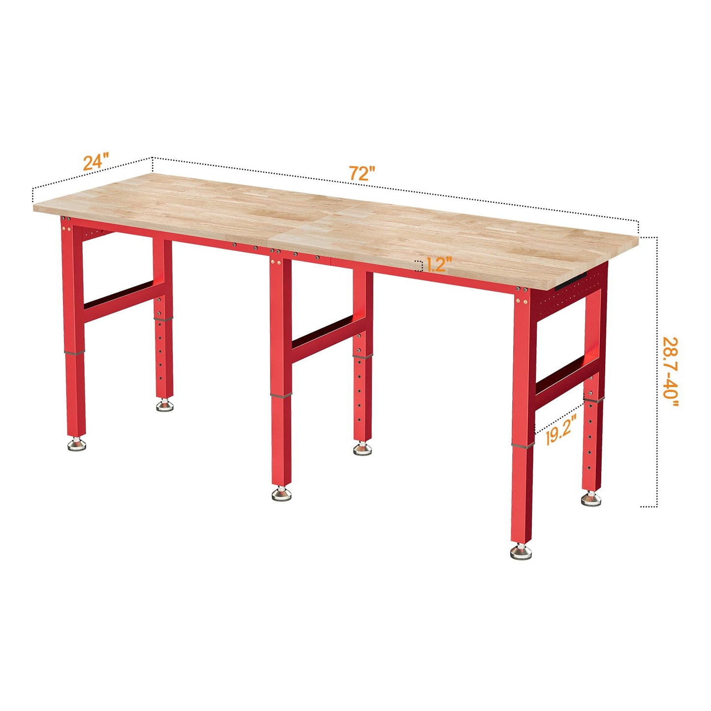 SPECRAFT 72" Red Adjustable Heavy Duty Workbench with 4 AC Outlet and 2 USB Ports Power Outlets, 6000 Lbs Capacity, Rubber Wood Top for Garage, Workshop, Office