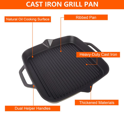 11" Cast Iron Square Grill Pan, Pre-Seasoned Griddle with Handles, Heavy Duty Skillet Griddle Replacement Part for Stovetop, BBQ & Campfire, Indoor & Outdoor Cooking
