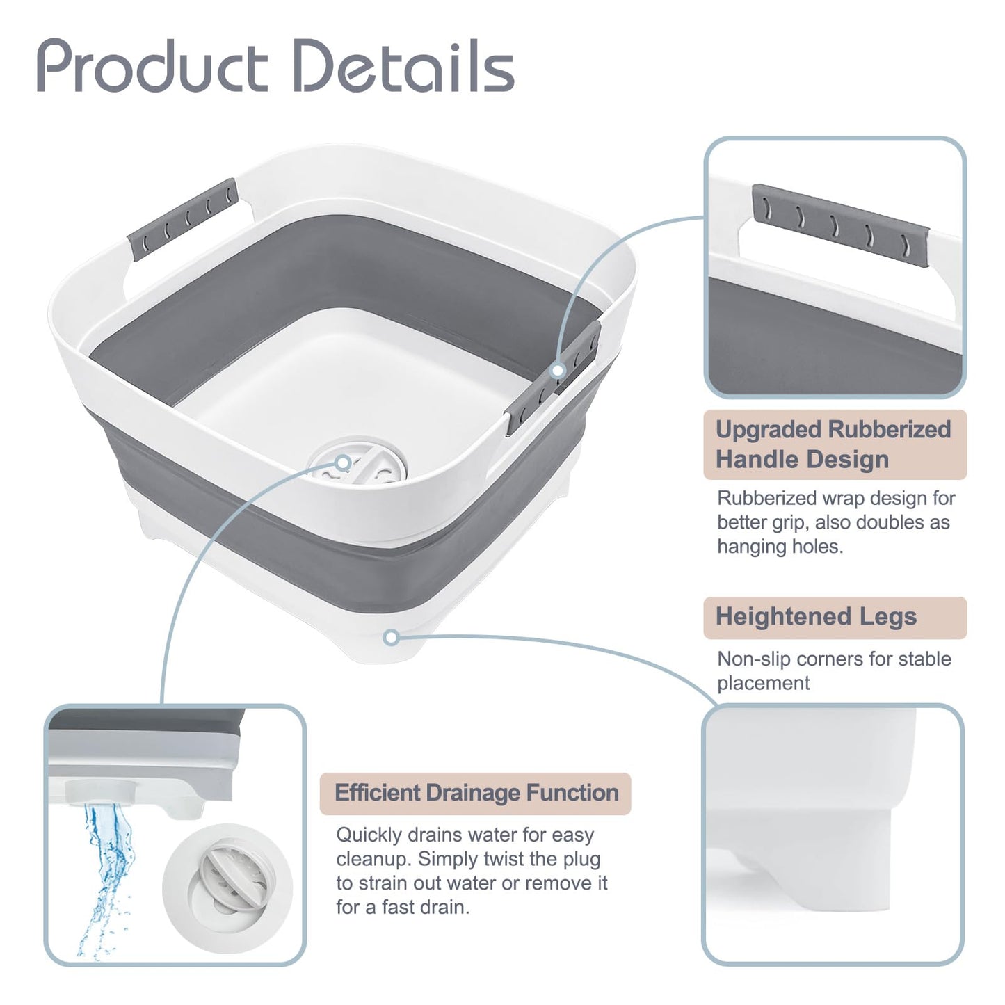 Collapsible Dish Basin with Drain Plug, 2.4 Gal 9L Foldable Wash Basin, Portable Sink Tub for Kitchen, Baby Bottles, Camping, RV, Vegetable Washing and Beverage Tub, Gray
