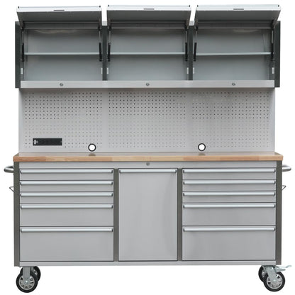 UYRIE 72" Stainless Steel Rolling Tool Chest with 11 Drawers + 3 Upper Cabinets, Large Lockable Storage Cabinet, Mobile Workbench with Wheels for Garage Workshop (1 × HTC7214W1)