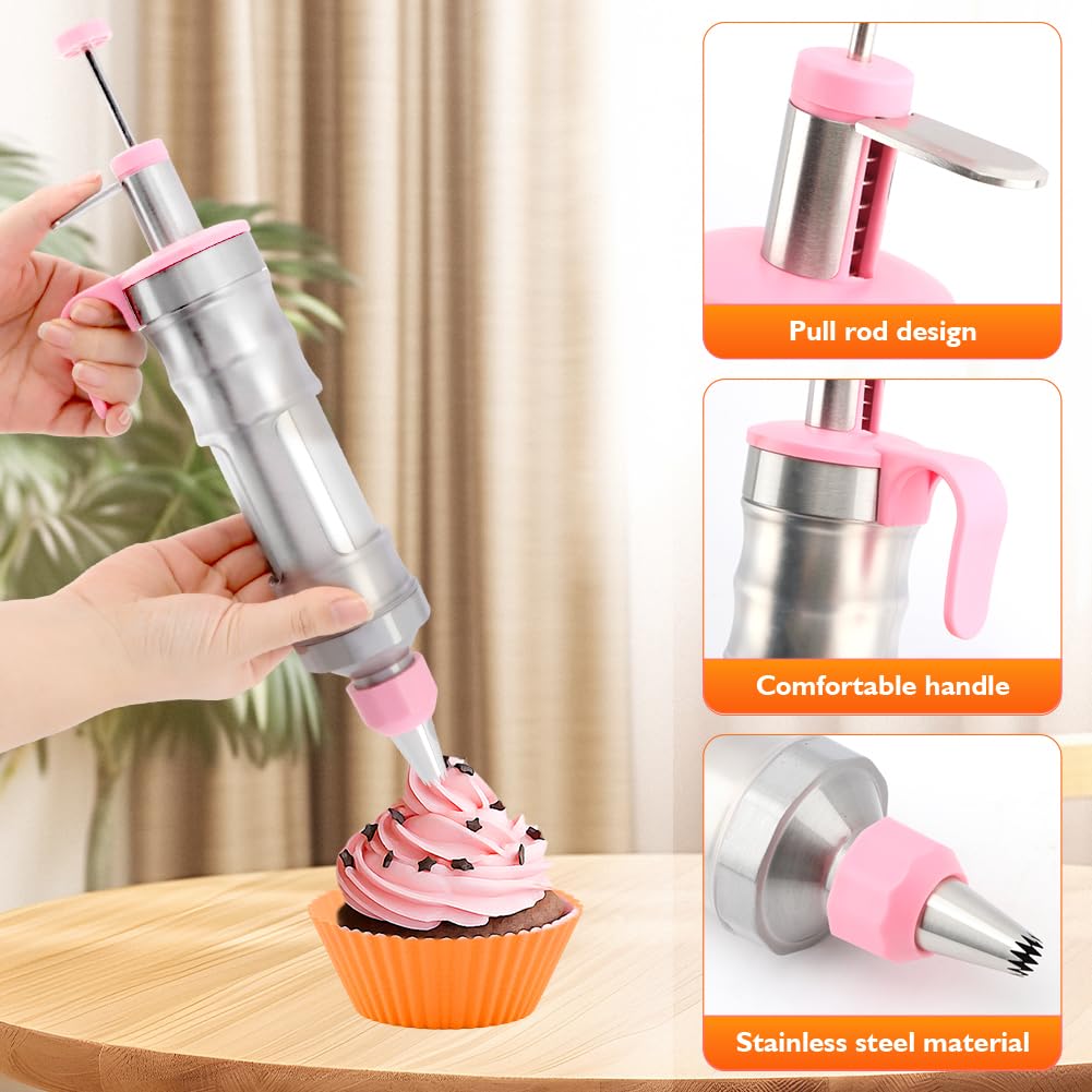 Dessert Decorating Syring-e Set,Frosting Piping Kit,Stainless Steels Cake Decora ting Kit with 6 Pipings Tips & 12 silicone cupcakes,Cupcake Decorating Kit Piping Bags and Tips Set
