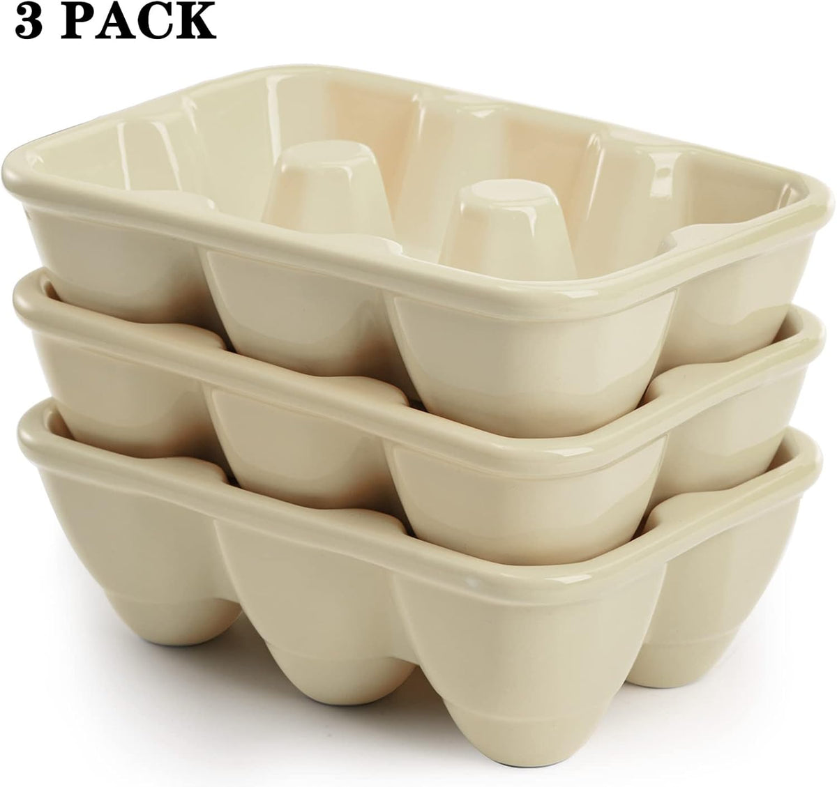 DEAYOU 3-Pack 18 Cups Ceramic Egg Tray - 6-Cup Porcelain Egg Holder Container for Countertop, Fridge, Kitchen