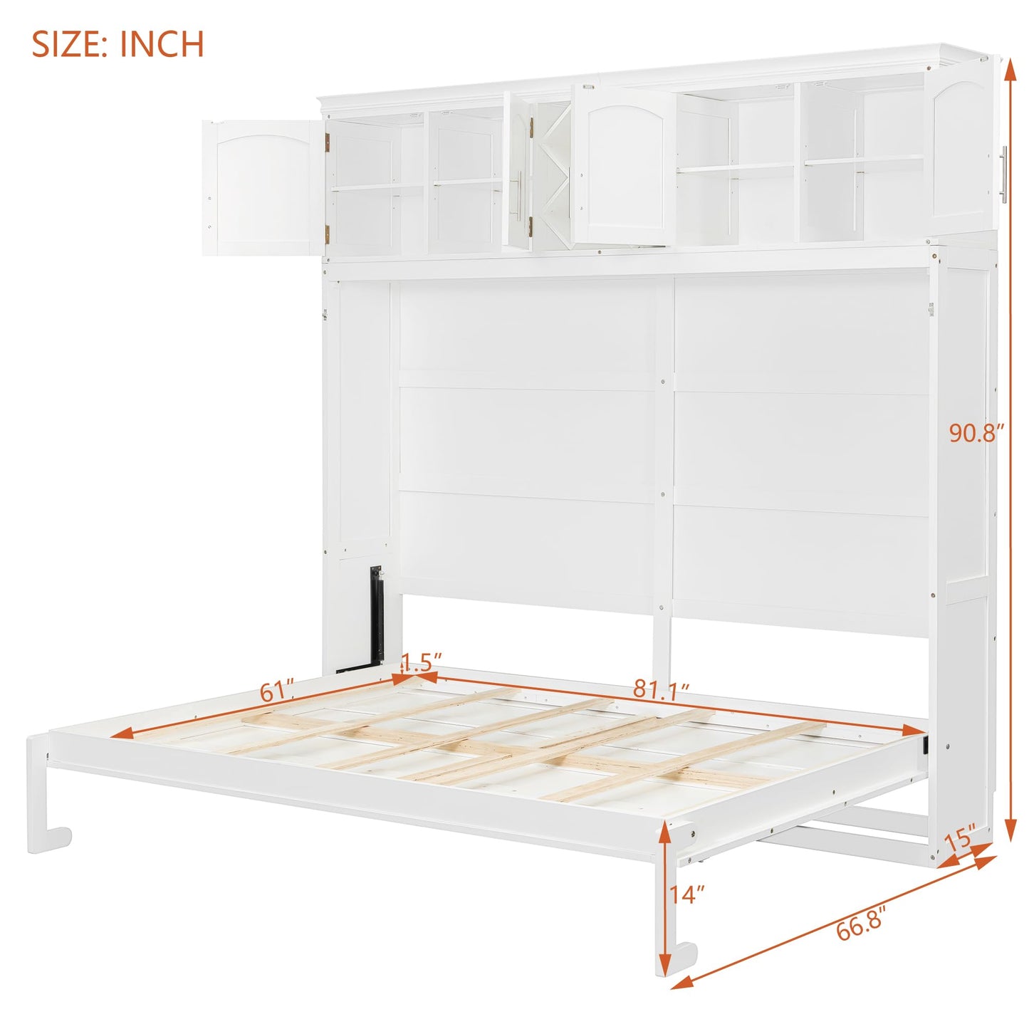 Murphy Bed Queen Size,Murphy Bed with Top Cabinets & Wine Rack,Space-Saving Hideaway Wall Foldable Bed w/Dual Piston Metal Folding Mechanism,Bedroom Folding Bedframe for Guest Room,White