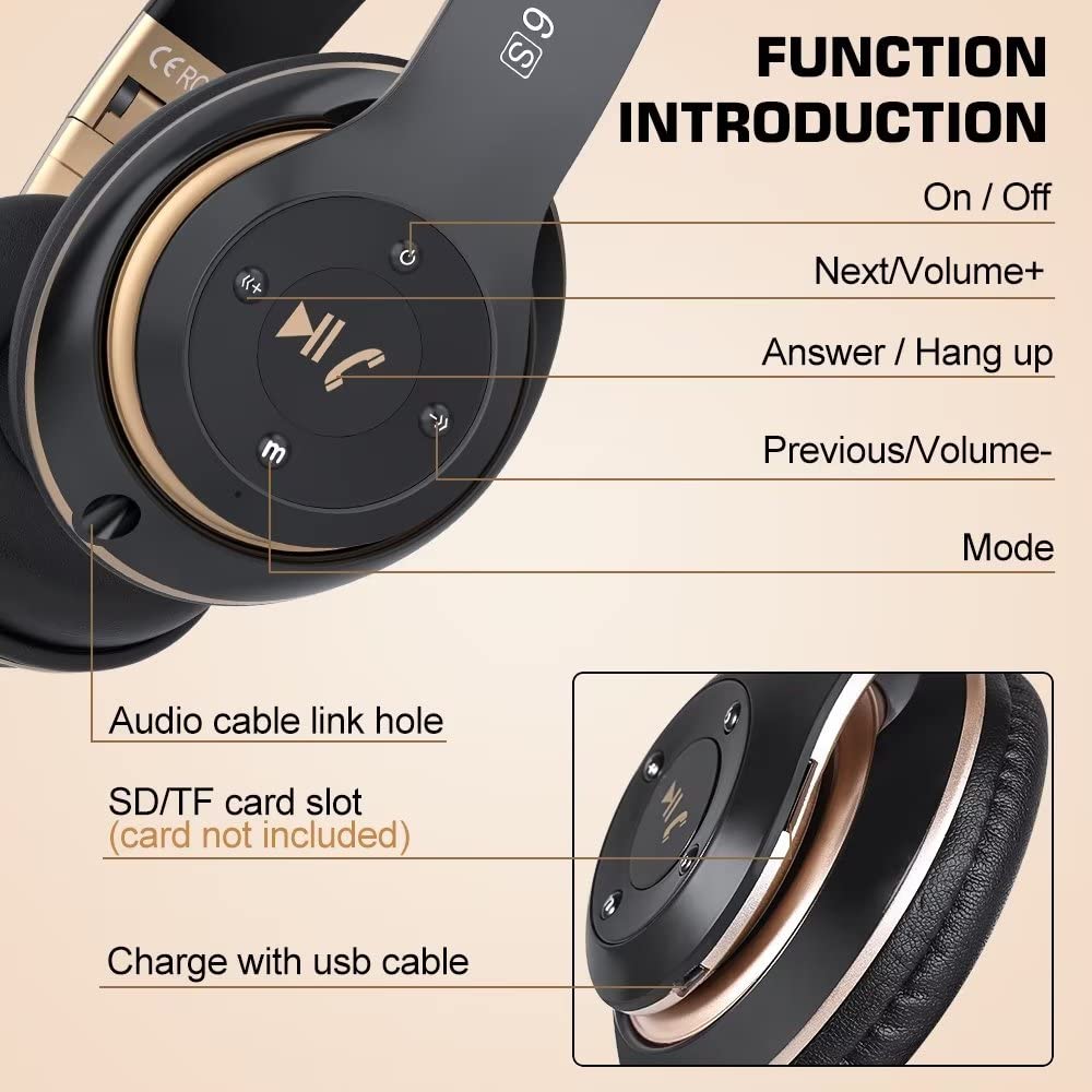 Prtukyt 6S Wireless Bluetooth Headphones Over Ear, Hi-Fi Stereo Foldable Wireless Stereo Headsets Earbuds with Built-in Mic, Volume Control, FM for Phone/PC (Black & Gold)